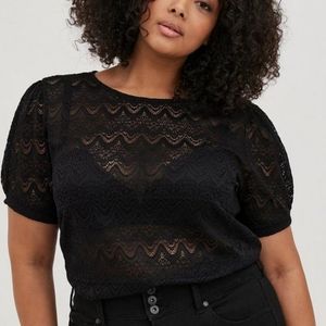 Torrid Black Puff Sleeve Stretch Lace Tee